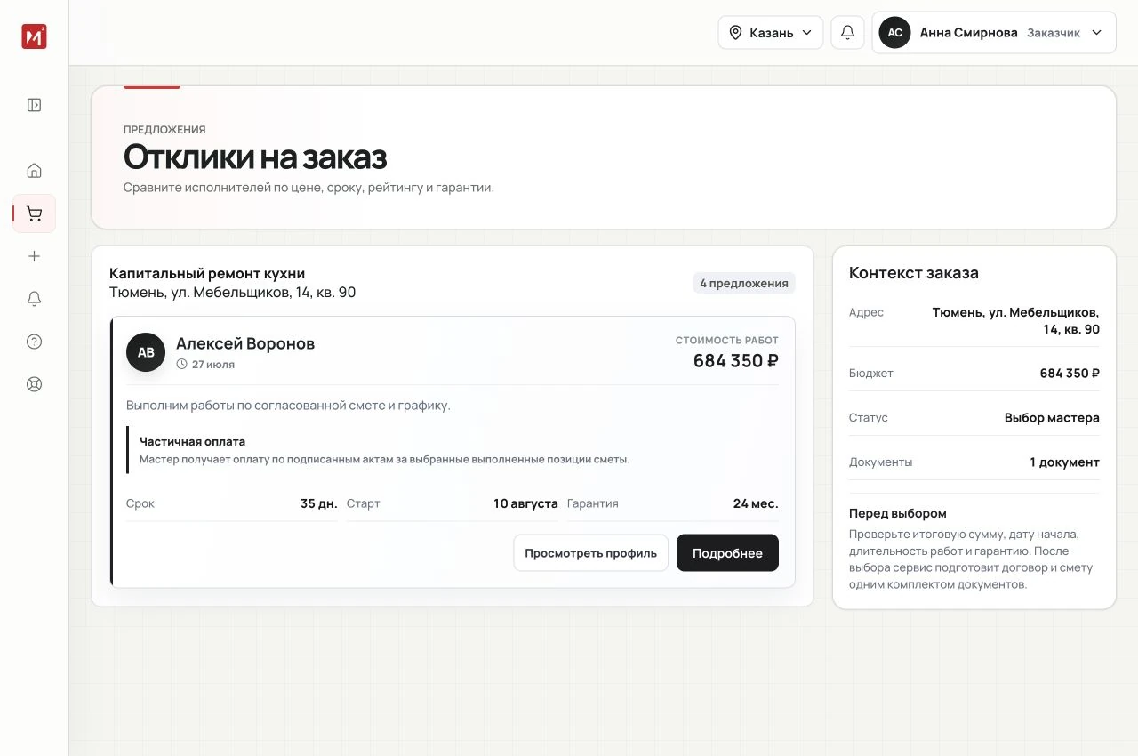 Предложение мастера в сервисе: стоимость, срок, дата начала и гарантия