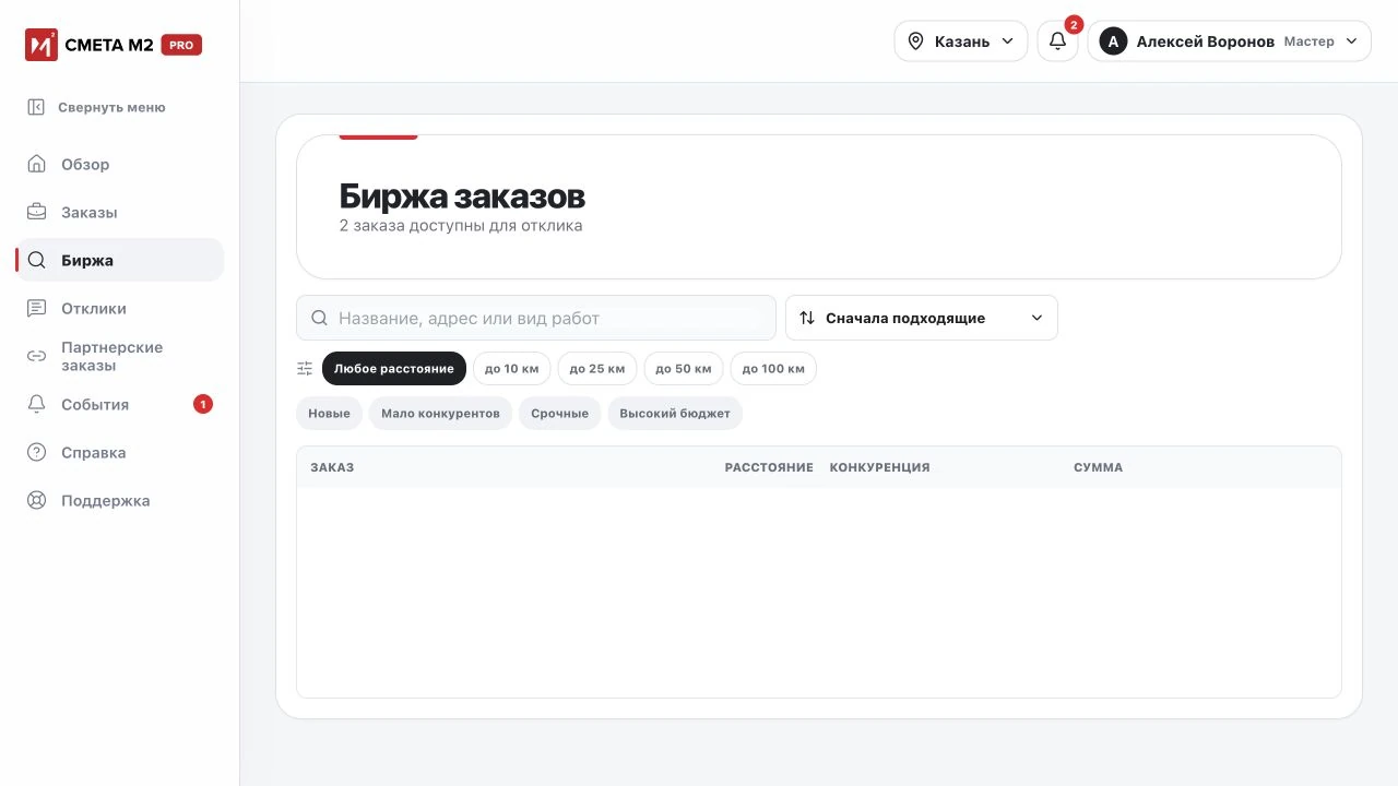Пример интерфейса кабинета мастера: Выбор заказа