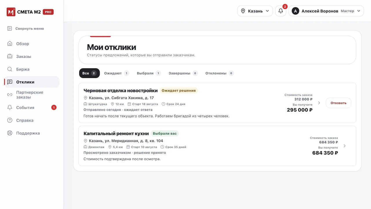 Пример интерфейса: откликов мастера Смета М2 Pro